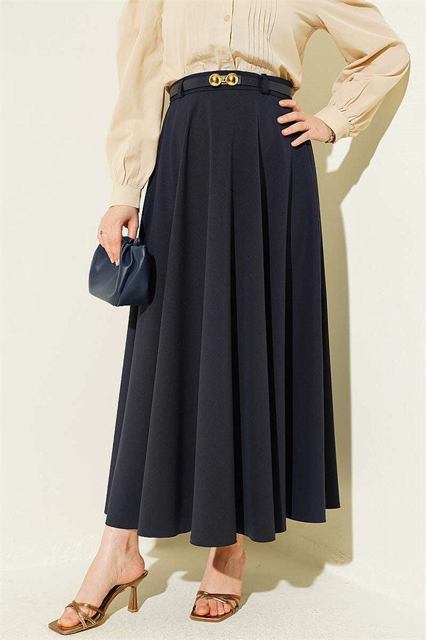 Mevlana Skirt with Gold Buckle Belt, Navy Blue