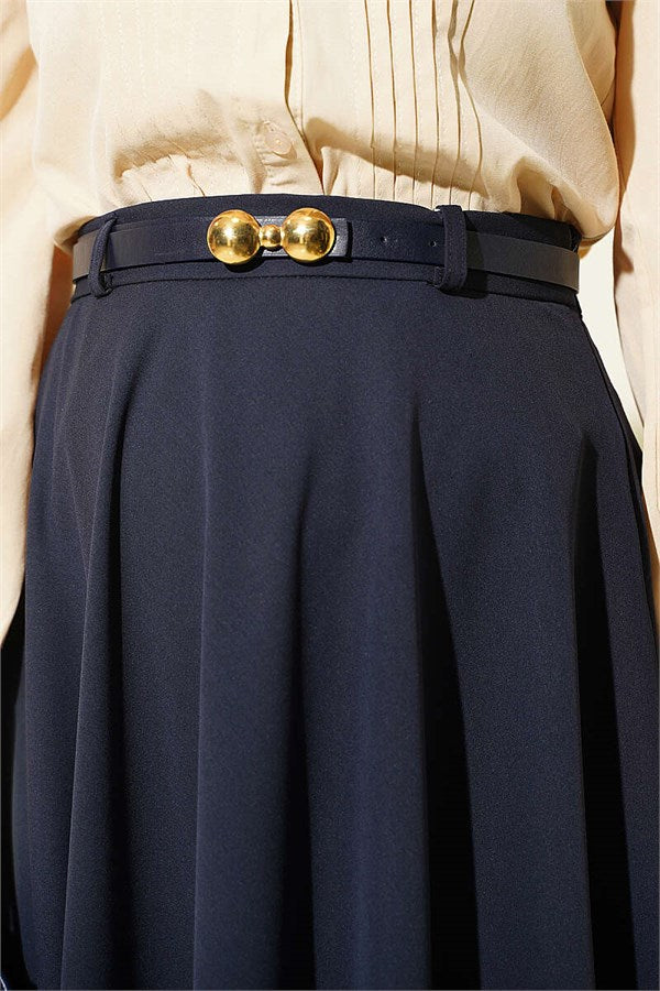 Mevlana Skirt with Gold Buckle Belt, Navy Blue