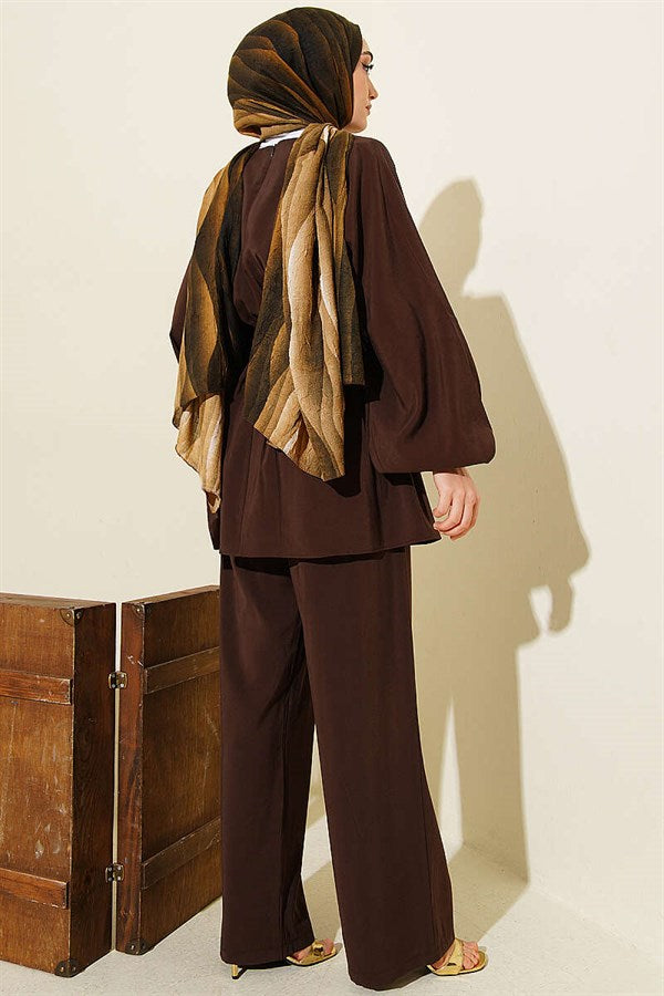Gold Buckle Elastic Waist Modal 2 Piece Set in Coffee Brown