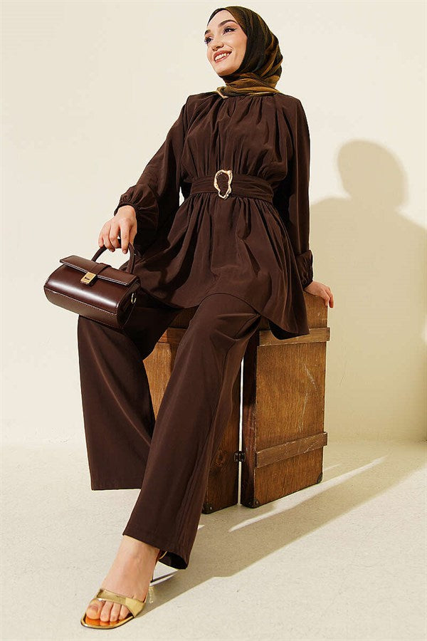 Gold Buckle Elastic Waist Modal 2 Piece Set in Coffee Brown