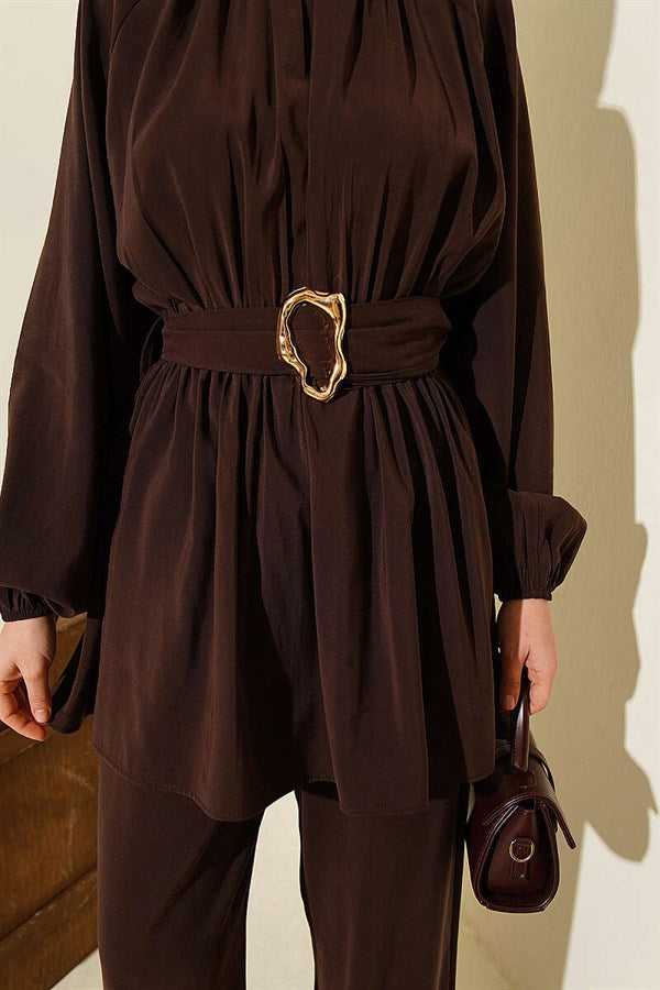 Gold Buckle Elastic Waist Modal 2 Piece Set in Coffee Brown