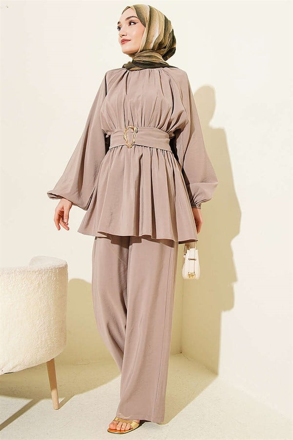 Gold Buckle Elastic Waist Modal 2 Piece Set in Mink Color