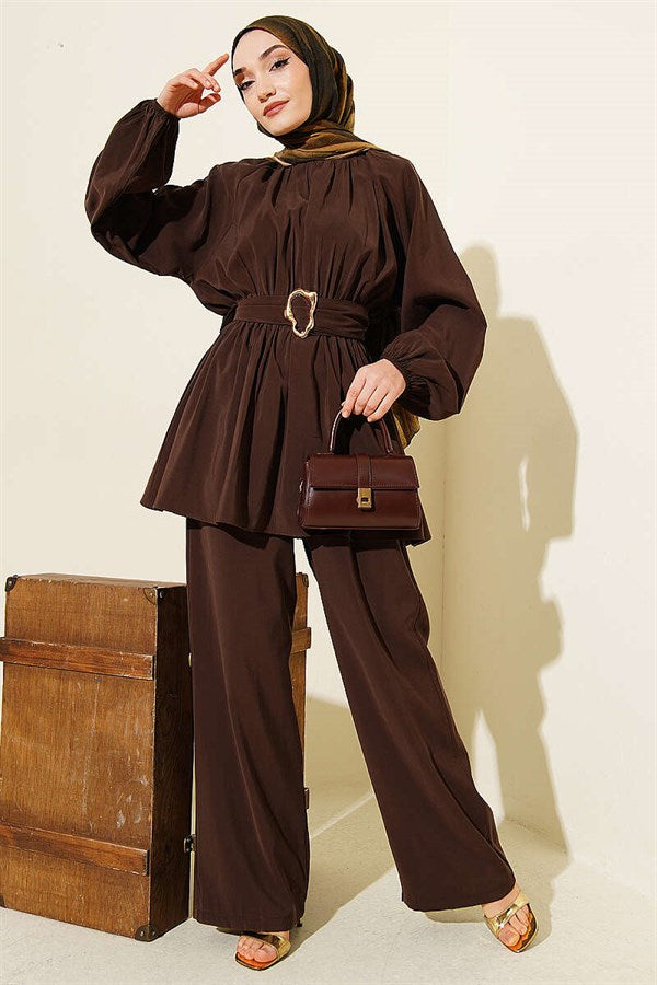 Gold Buckle Elastic Waist Modal 2 Piece Set in Coffee Brown