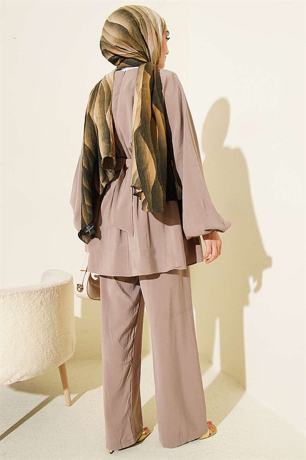 Gold Buckle Elastic Waist Modal 2 Piece Set in Mink Color