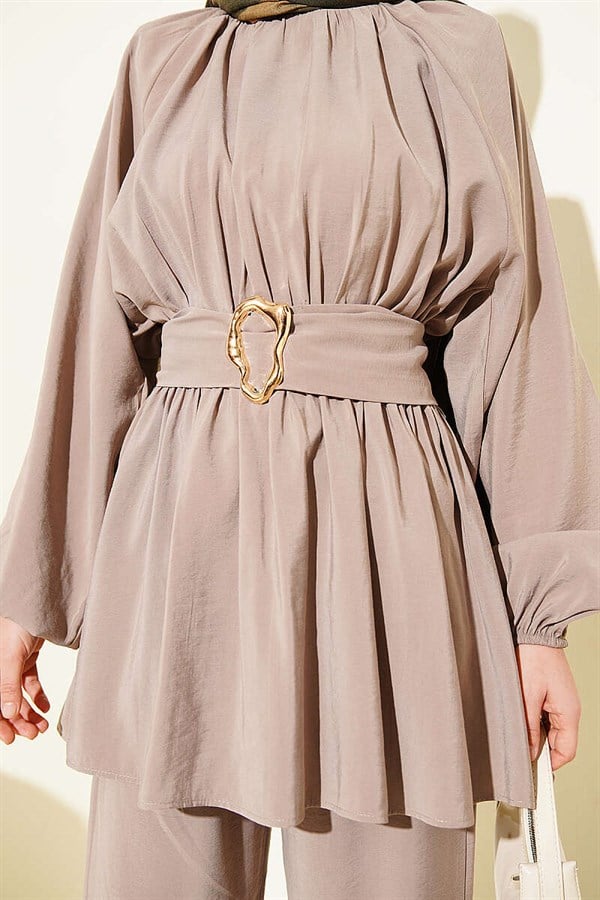 Gold Buckle Elastic Waist Modal 2 Piece Set in Mink Color