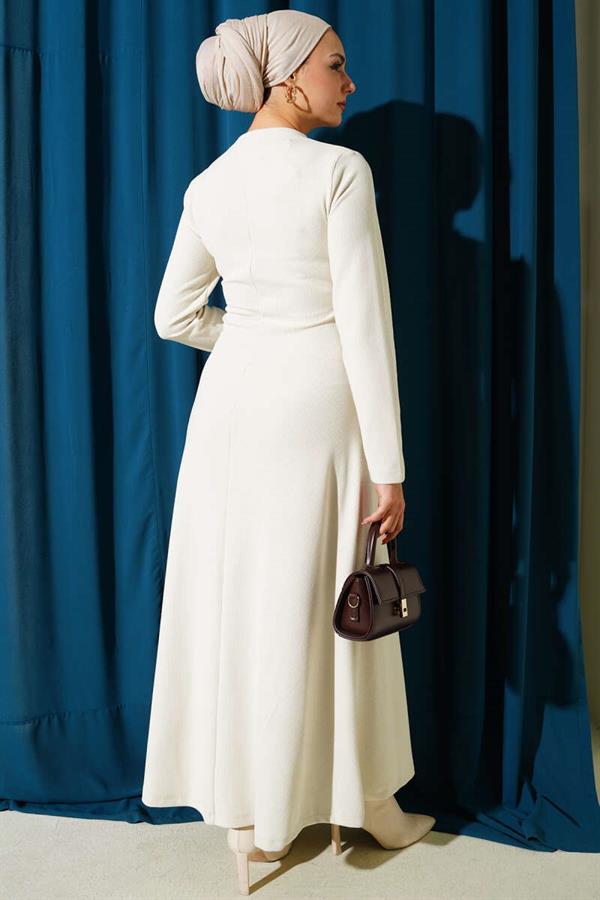 Gold Buckled Ribbed Dress in Ecru