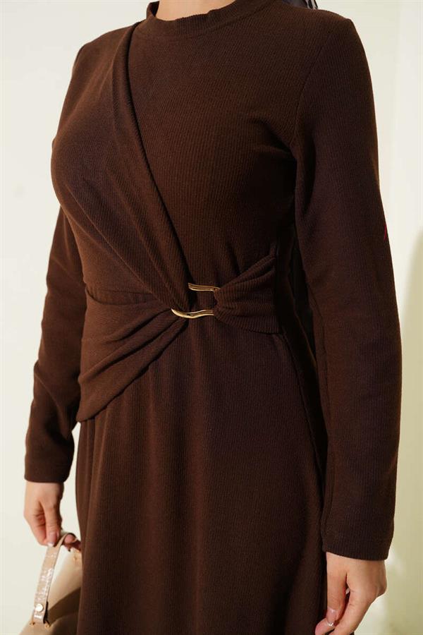Gold Buckled Corduroy Dress Brown