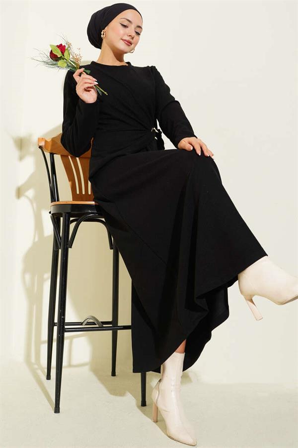 Gold Buckled Corduroy Dress Black