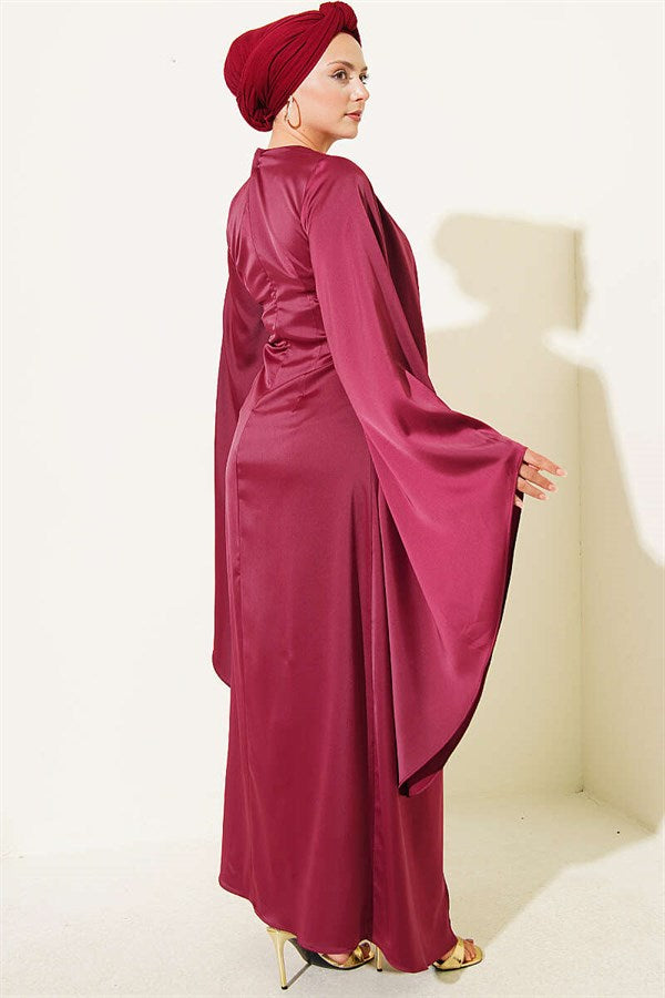 Burgundy Satin Evening Dress with Wide Sleeves and Gold Buckle