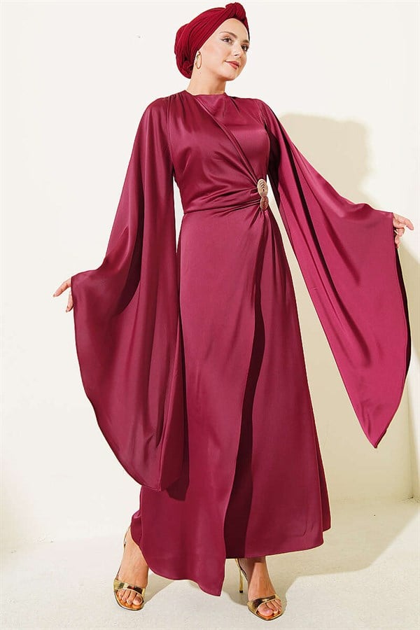 Burgundy Satin Evening Dress with Wide Sleeves and Gold Buckle