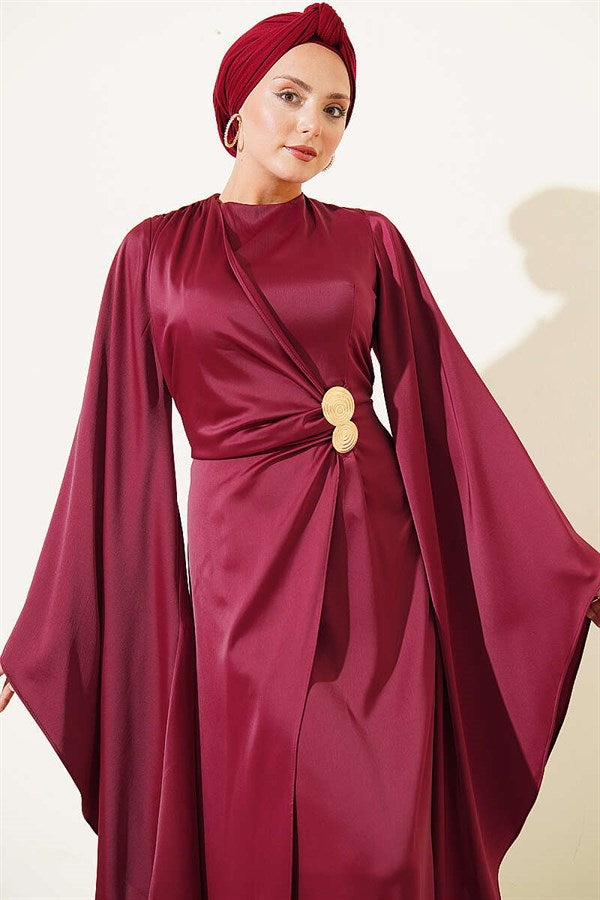 Burgundy Satin Evening Dress with Wide Sleeves and Gold Buckle