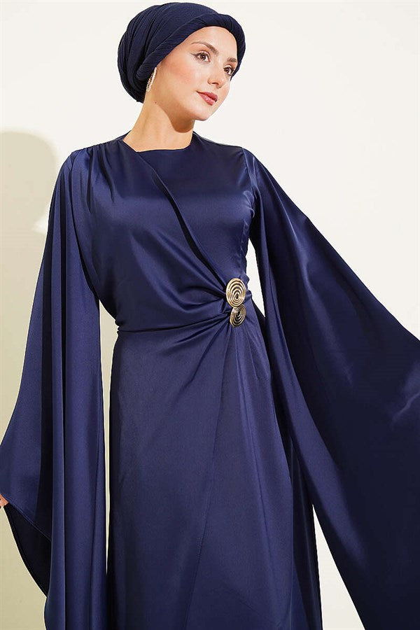 Navy Blue Satin Evening Dress with Wide Sleeves and Gold Buckle