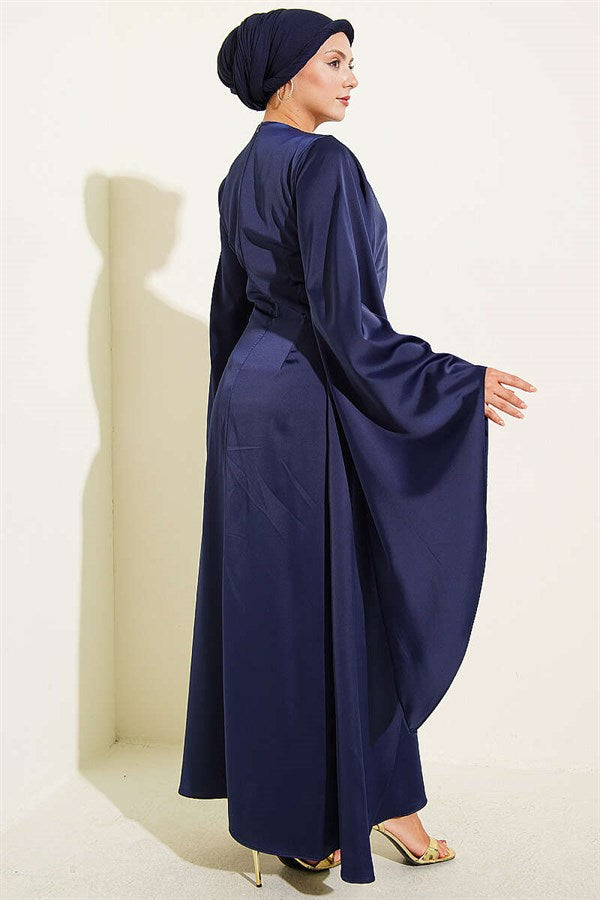 Navy Blue Satin Evening Dress with Wide Sleeves and Gold Buckle
