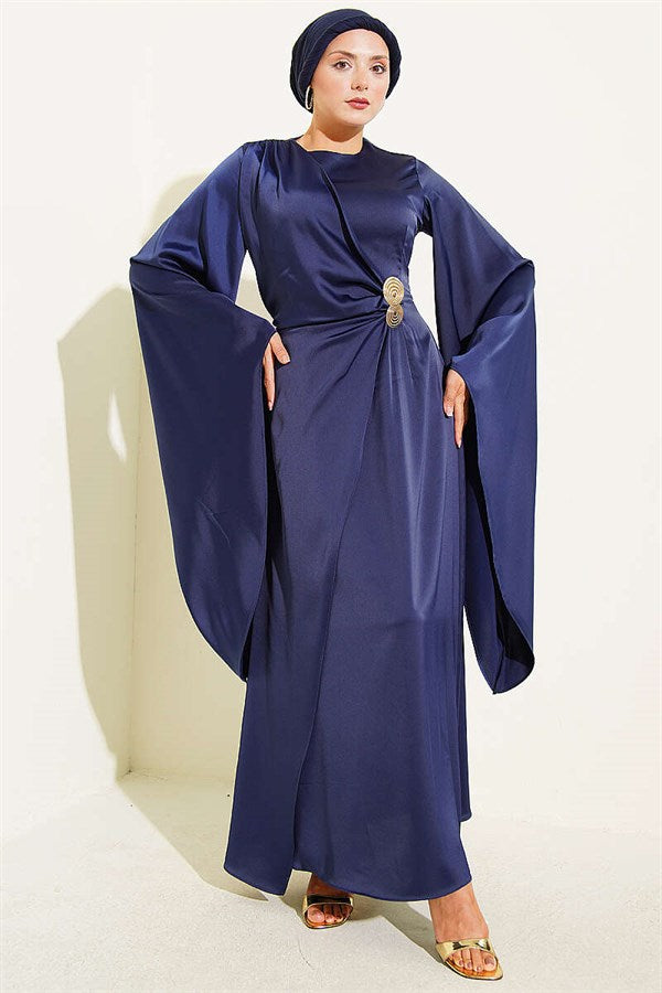 Navy Blue Satin Evening Dress with Wide Sleeves and Gold Buckle