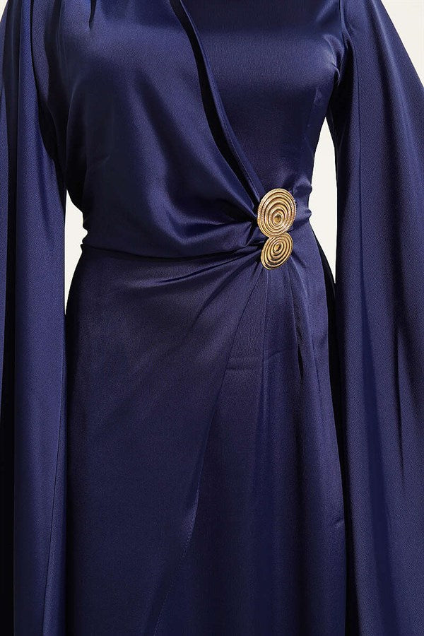 Navy Blue Satin Evening Dress with Wide Sleeves and Gold Buckle
