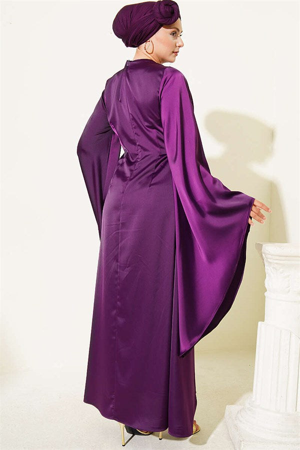 Purple Satin Evening Dress with Wide Sleeves and Gold Buckle