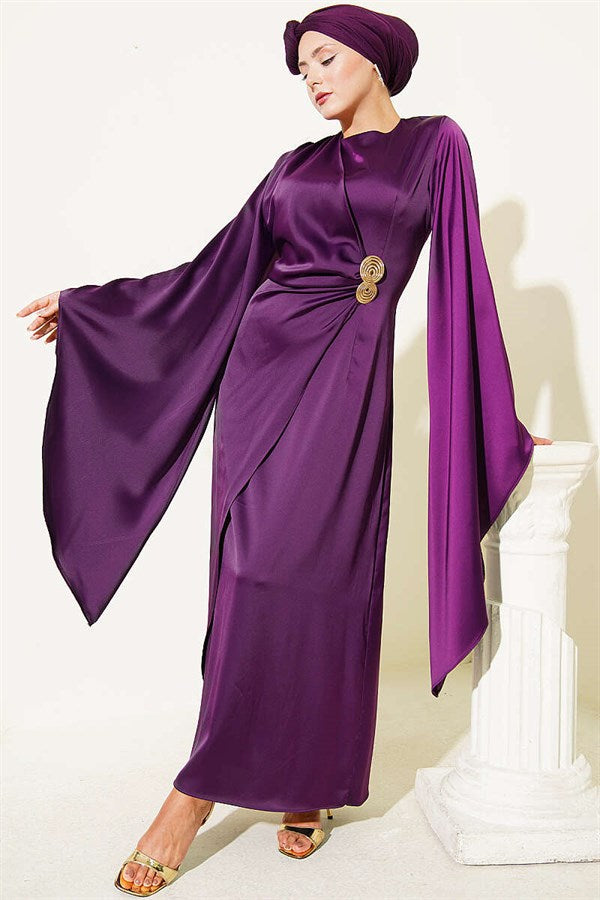 Purple Satin Evening Dress with Wide Sleeves and Gold Buckle