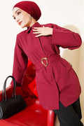 Burgundy Shirt with Gold Buckle and Hidden Buttons