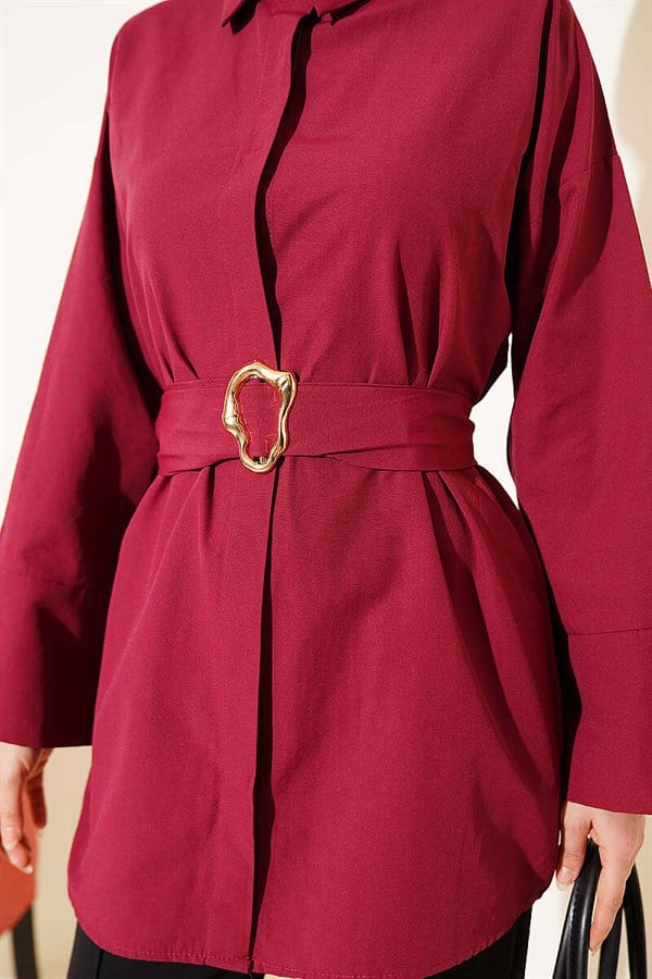 Burgundy Shirt with Gold Buckle and Hidden Buttons