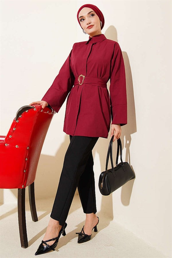 Burgundy Shirt with Gold Buckle and Hidden Buttons