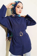 Navy Blue Shirt with Gold Buckle and Hidden Buttons