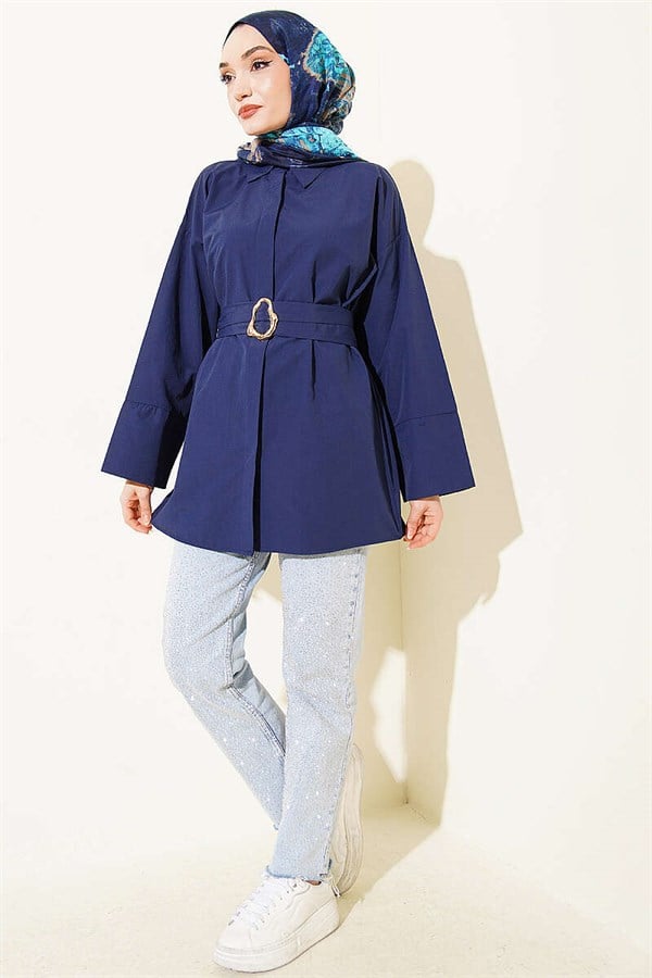 Navy Blue Shirt with Gold Buckle and Hidden Buttons