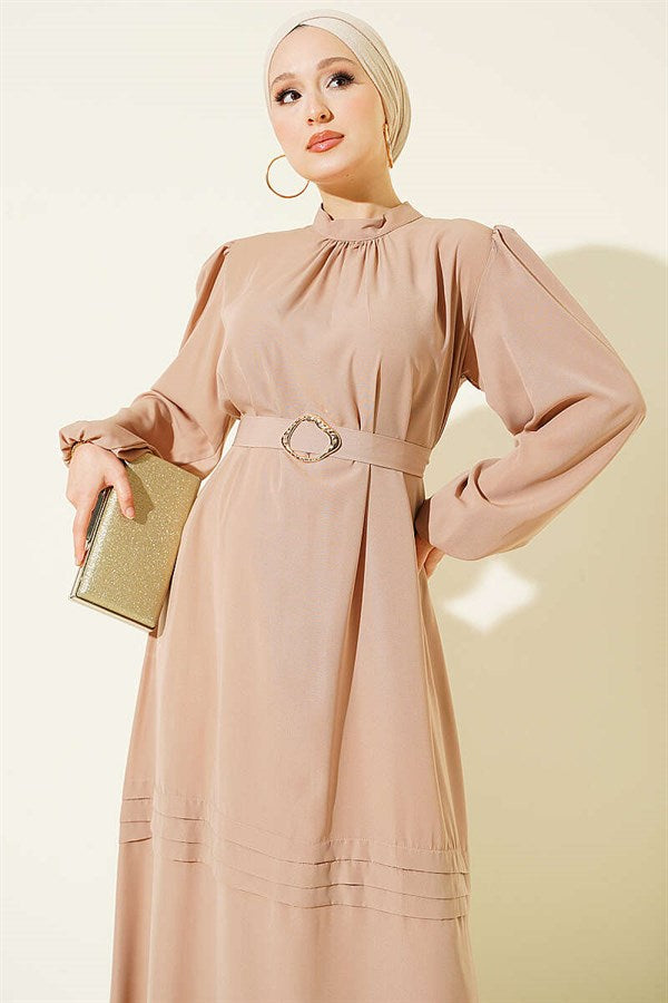 Gold Buckle Belted Evening Dress, Beige