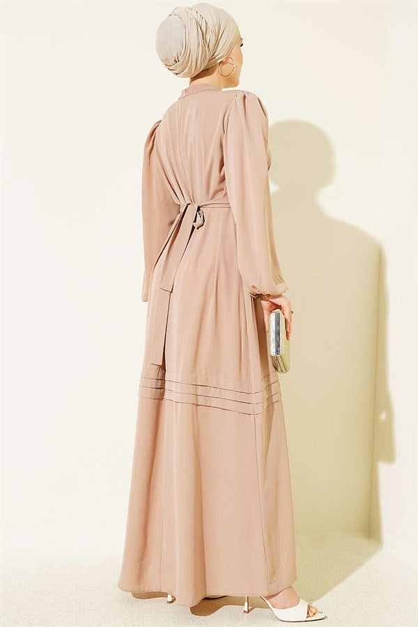 Gold Buckle Belted Evening Dress, Beige