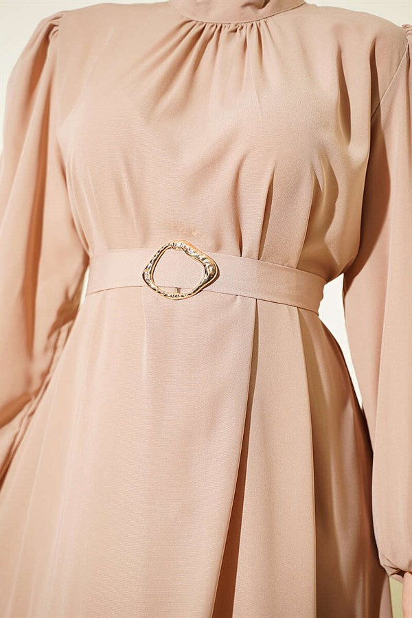 Gold Buckle Belted Evening Dress, Beige