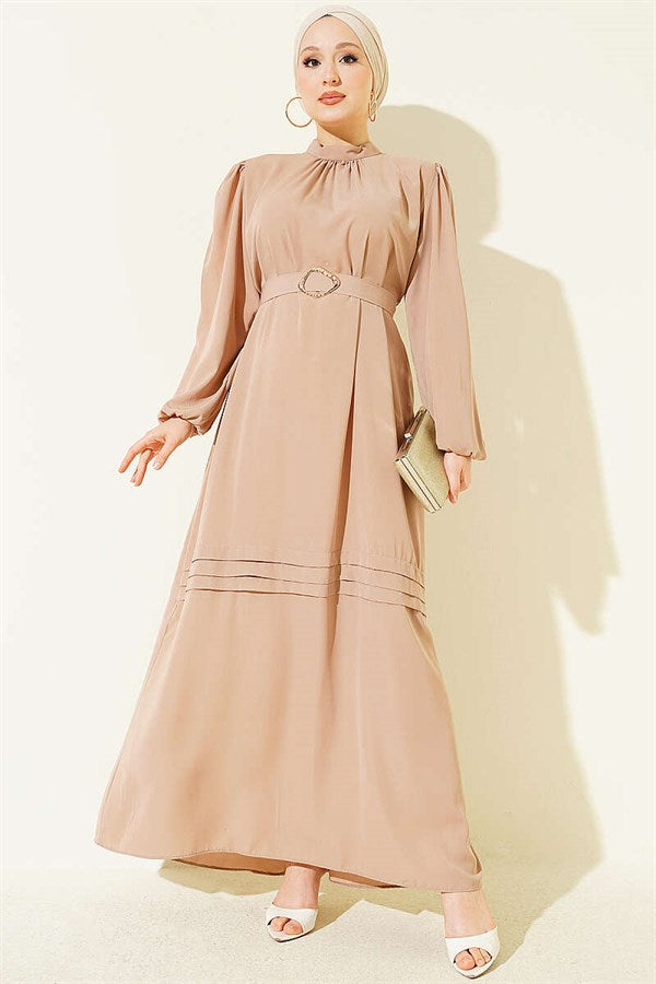 Gold Buckle Belted Evening Dress, Beige