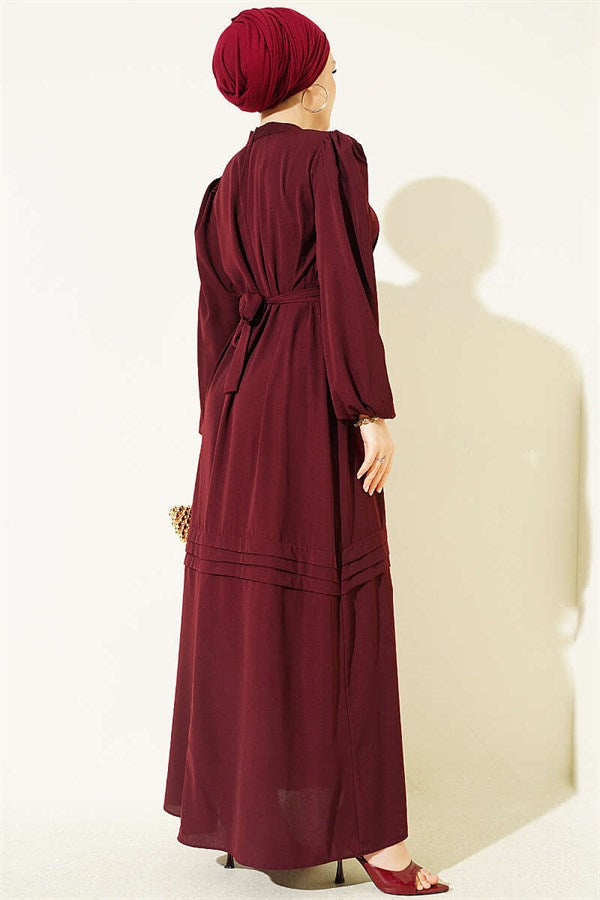 Burgundy Evening Dress with Gold Buckle and Belt
