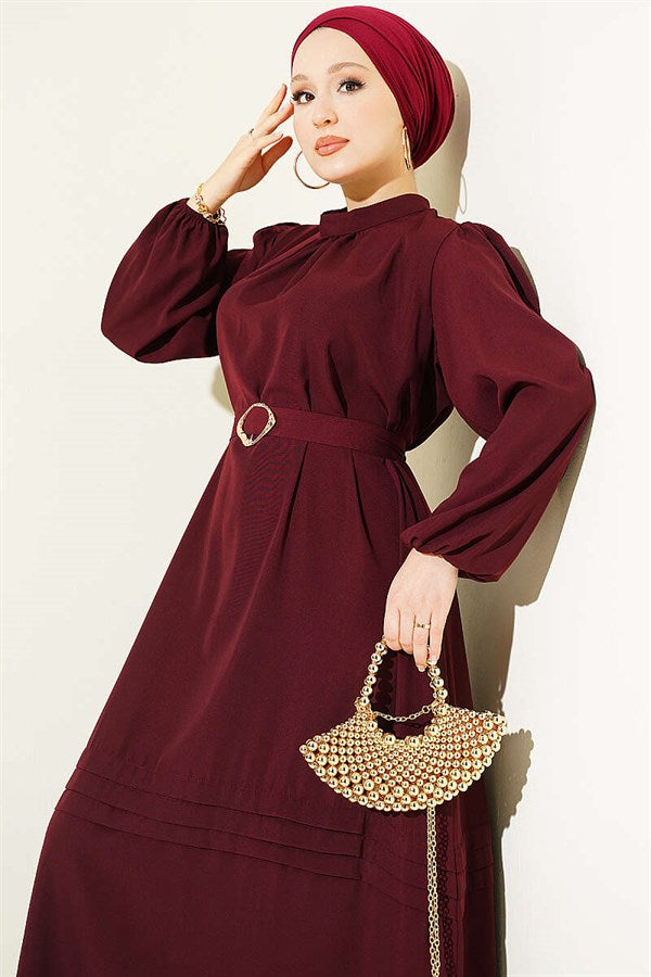 Burgundy Evening Dress with Gold Buckle and Belt