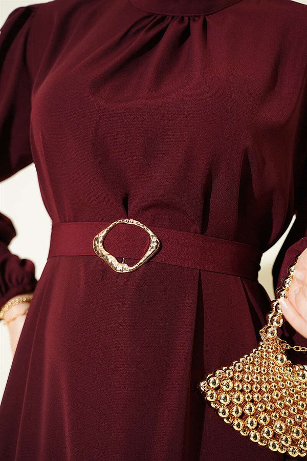 Burgundy Evening Dress with Gold Buckle and Belt