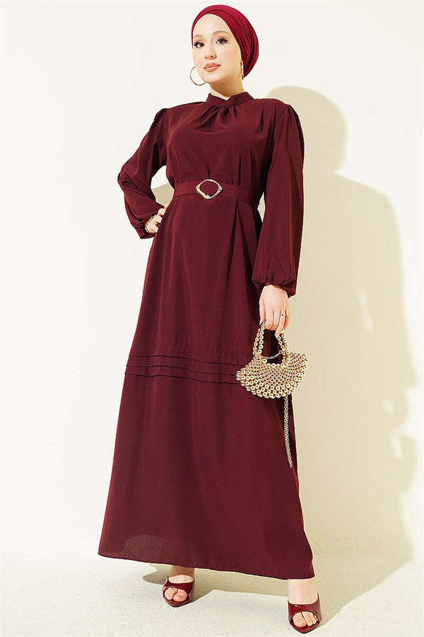 Burgundy Evening Dress with Gold Buckle and Belt
