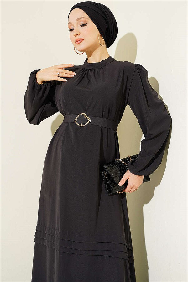 Dark Gray Evening Dress with Gold Buckle and Belt