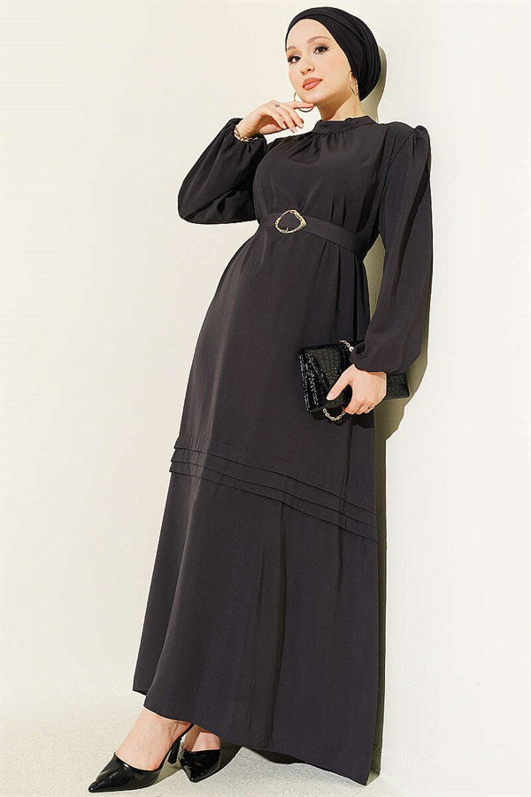 Dark Gray Evening Dress with Gold Buckle and Belt
