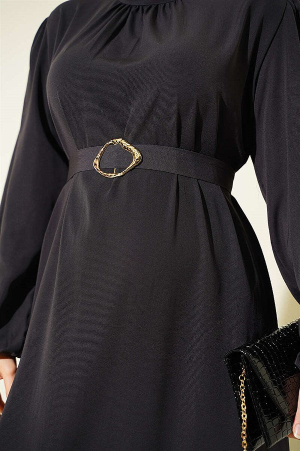 Dark Gray Evening Dress with Gold Buckle and Belt
