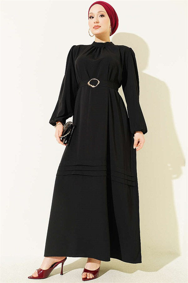 Black Evening Dress with Gold Buckle and Belt