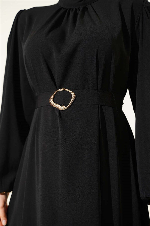 Black Evening Dress with Gold Buckle and Belt
