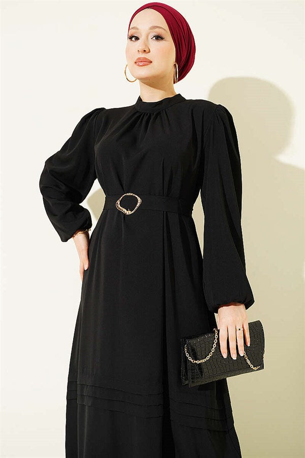 Black Evening Dress with Gold Buckle and Belt