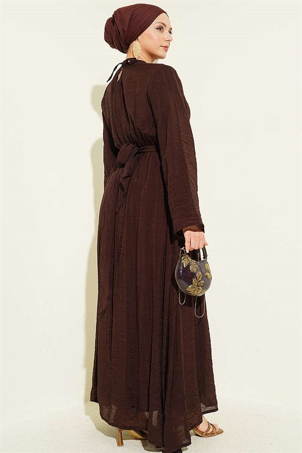 Gold Buckle Front Tie Dress, Brown