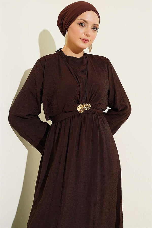 Gold Buckle Front Tie Dress, Brown