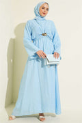 Blue Dress with Gold Buckle and Front Tie.