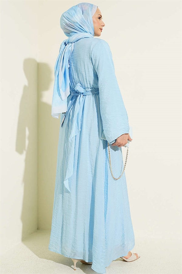 Blue Dress with Gold Buckle and Front Tie.