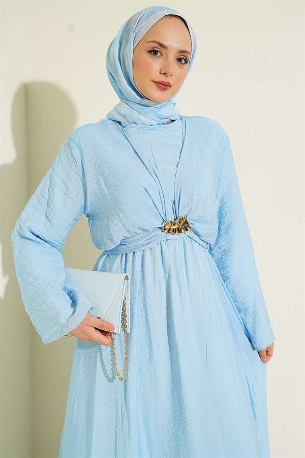 Blue Dress with Gold Buckle and Front Tie.