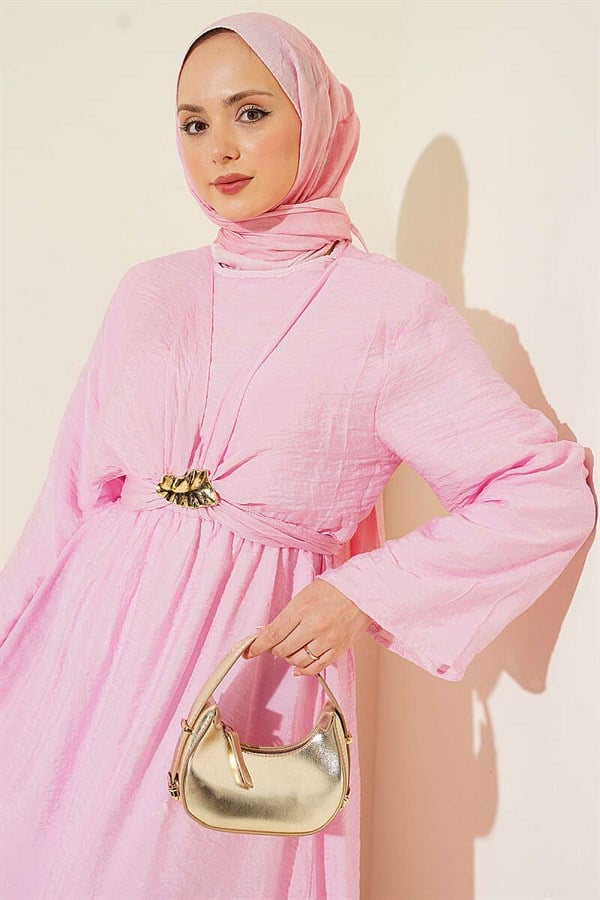 Pink Dress with Gold Buckle and Front Tie