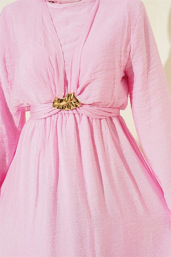 Pink Dress with Gold Buckle and Front Tie