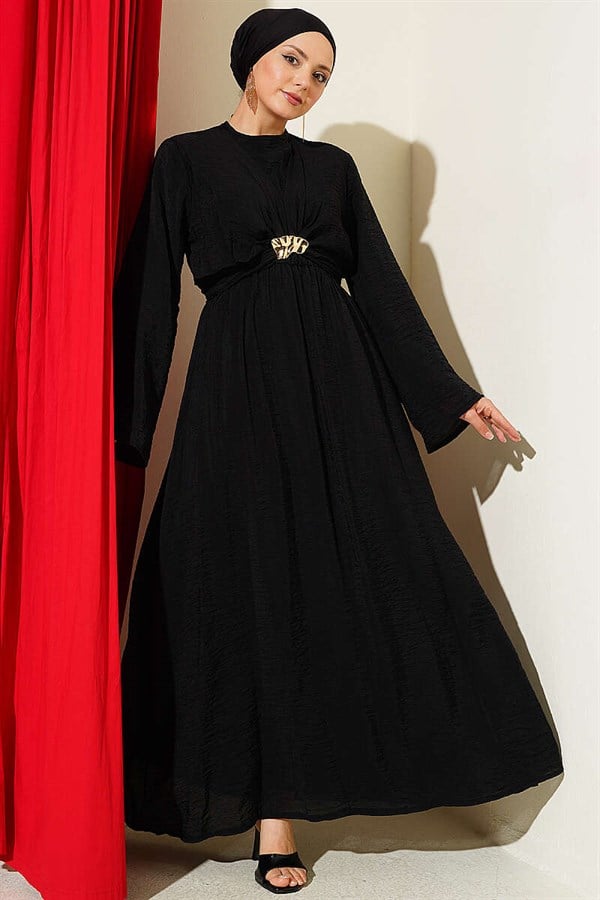 Black Dress with Gold Buckle and Front Tie