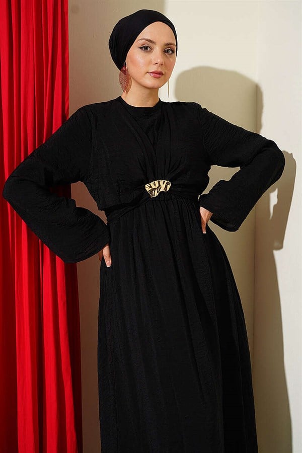 Black Dress with Gold Buckle and Front Tie