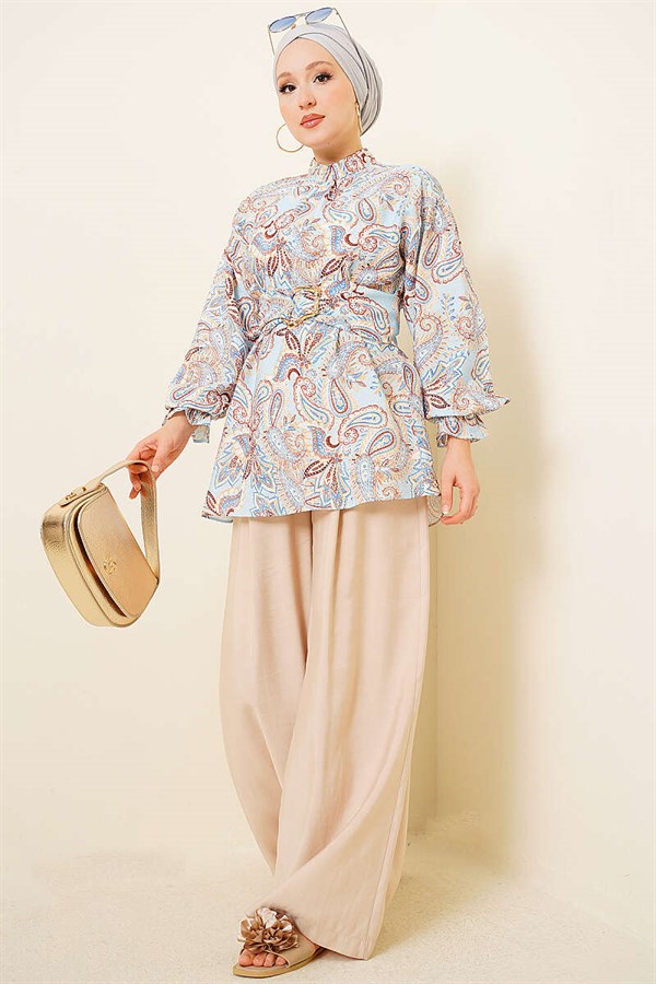 Gold Buckle Paisley Pattern Tunic, Blue